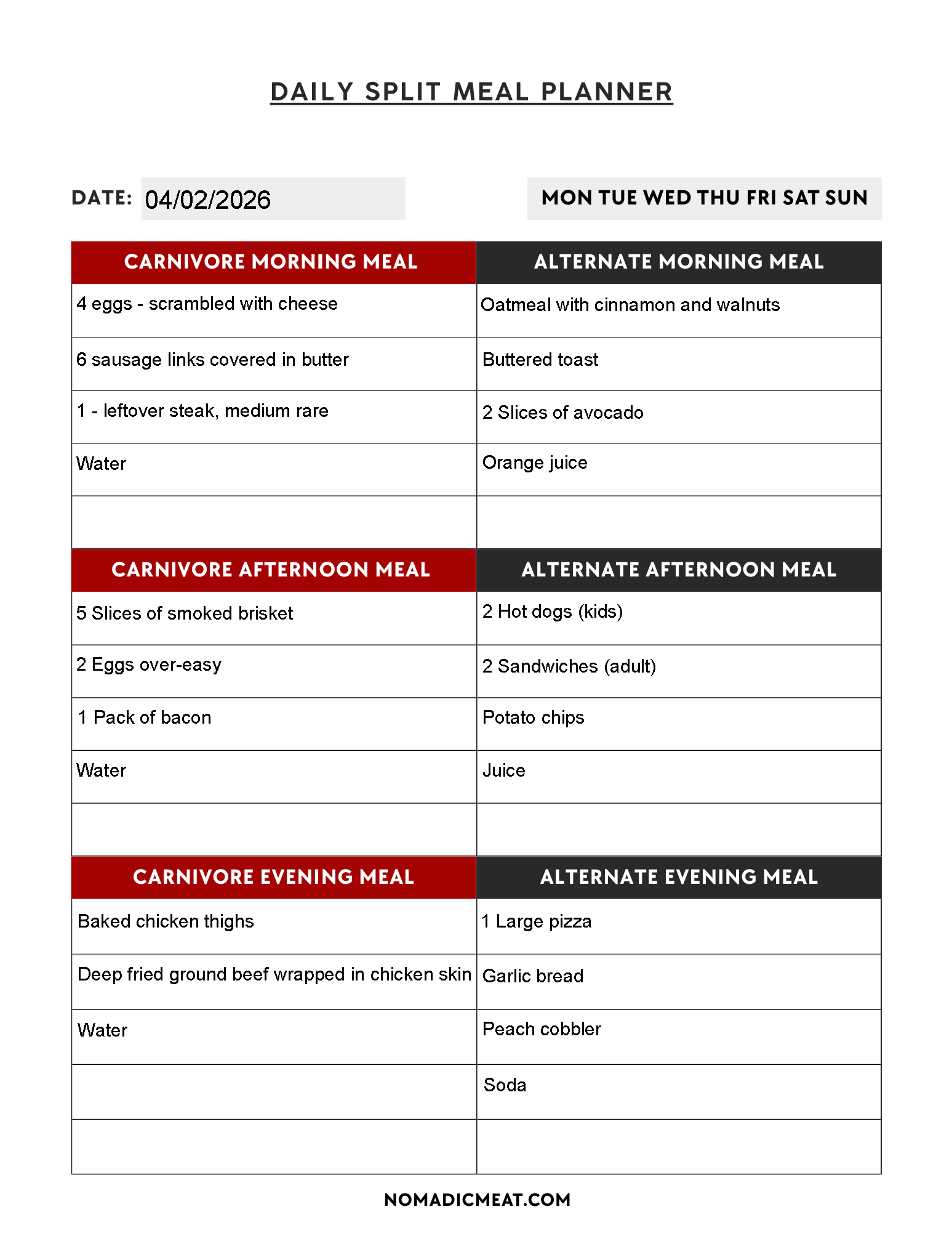 Carnivore Diet Split Meal Planner Kit